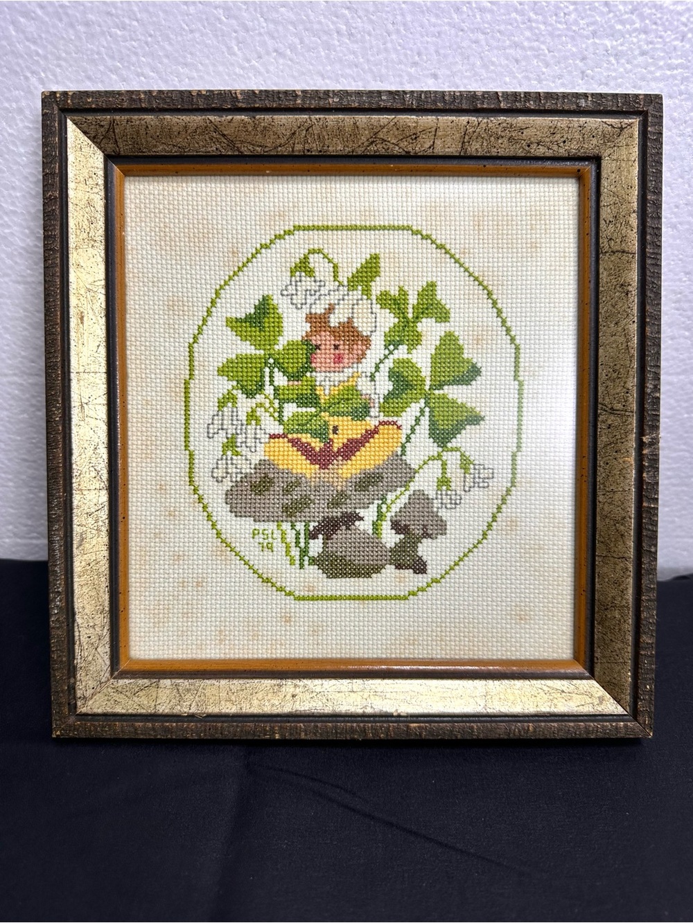 Vintage Handmade Mushroom Nymph in Clovers Framed Cross Stitch Needlepoint Art